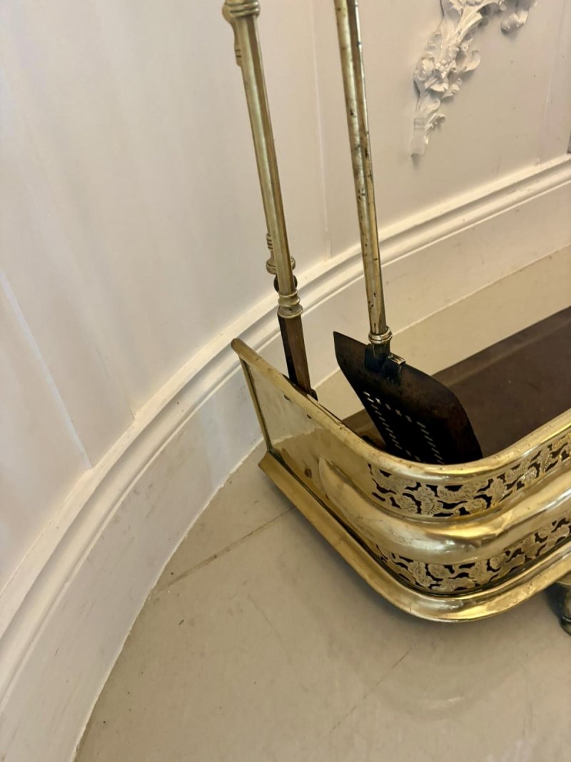 Unusual and Rare Quality Antique Regency Brass Fender with Original Fire Irons - Image 7